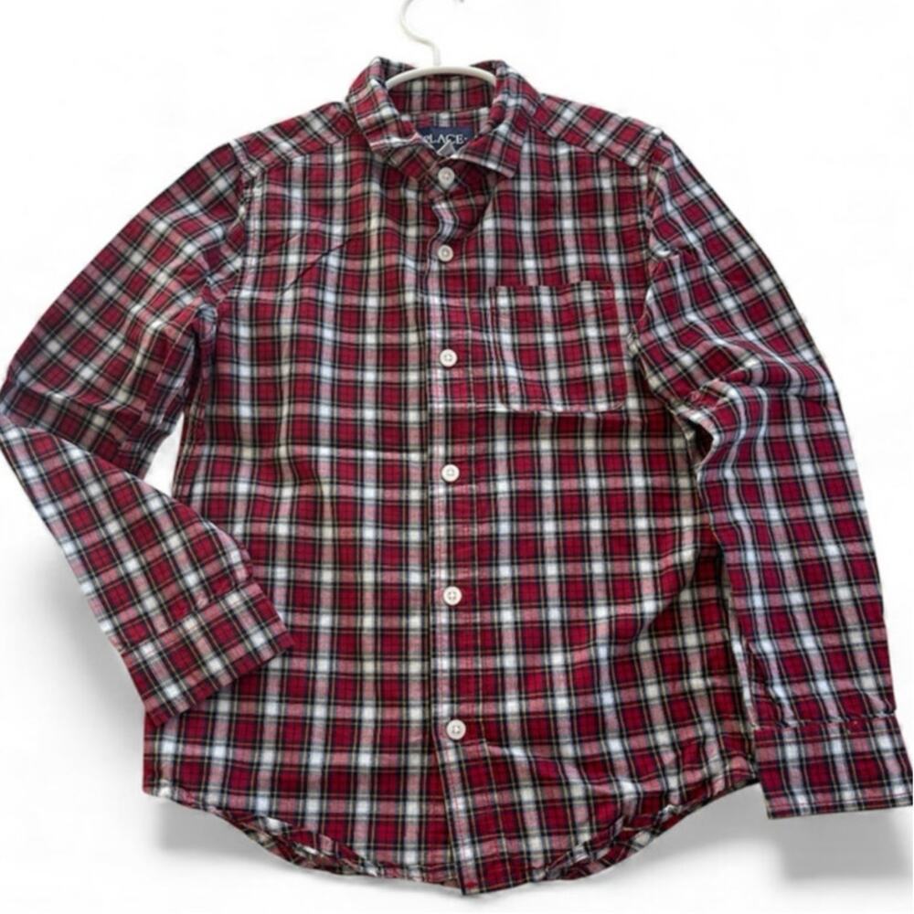 Children's Place Tartan Plaid‎ Button Down Collared Shirt Red Blue Size 7/8